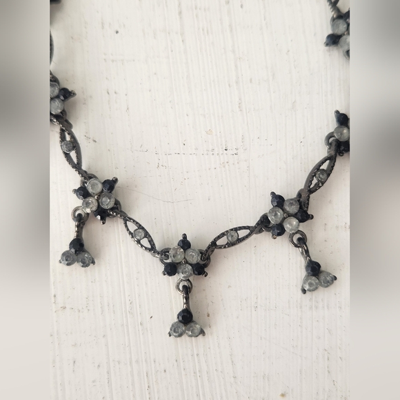 Vintage Black Metal Floral Single Strand Necklace With Rhinestone Accents 10" - Picture 2 of 4
